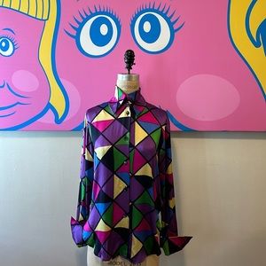 Crisca  Purple Green Yellow Harlequin Silk Blouse French Cuff